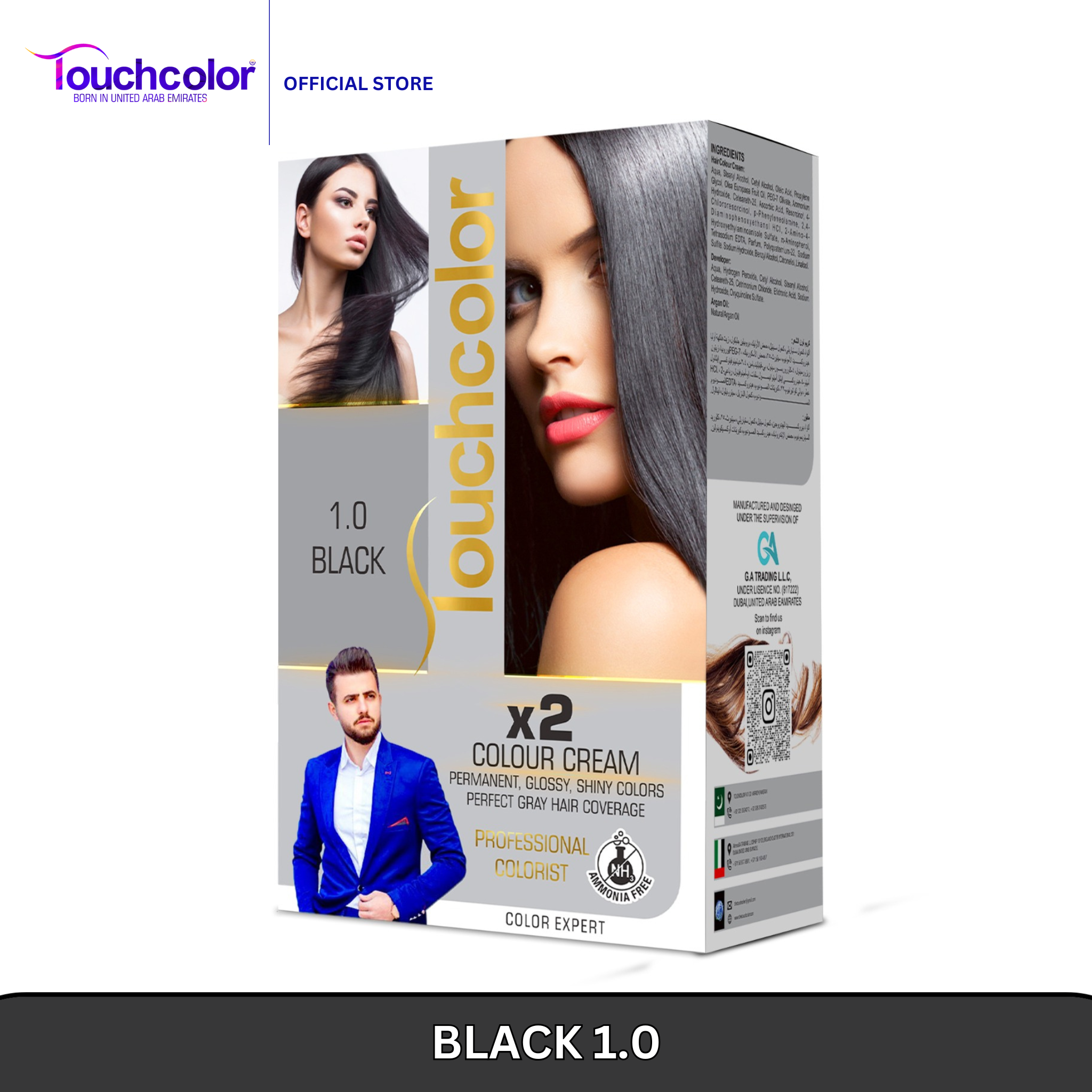 Touchcolor 1.0 Black Hair Color Kit – Ammonia-Free, 100% Grey Coverage, Long-Lasting