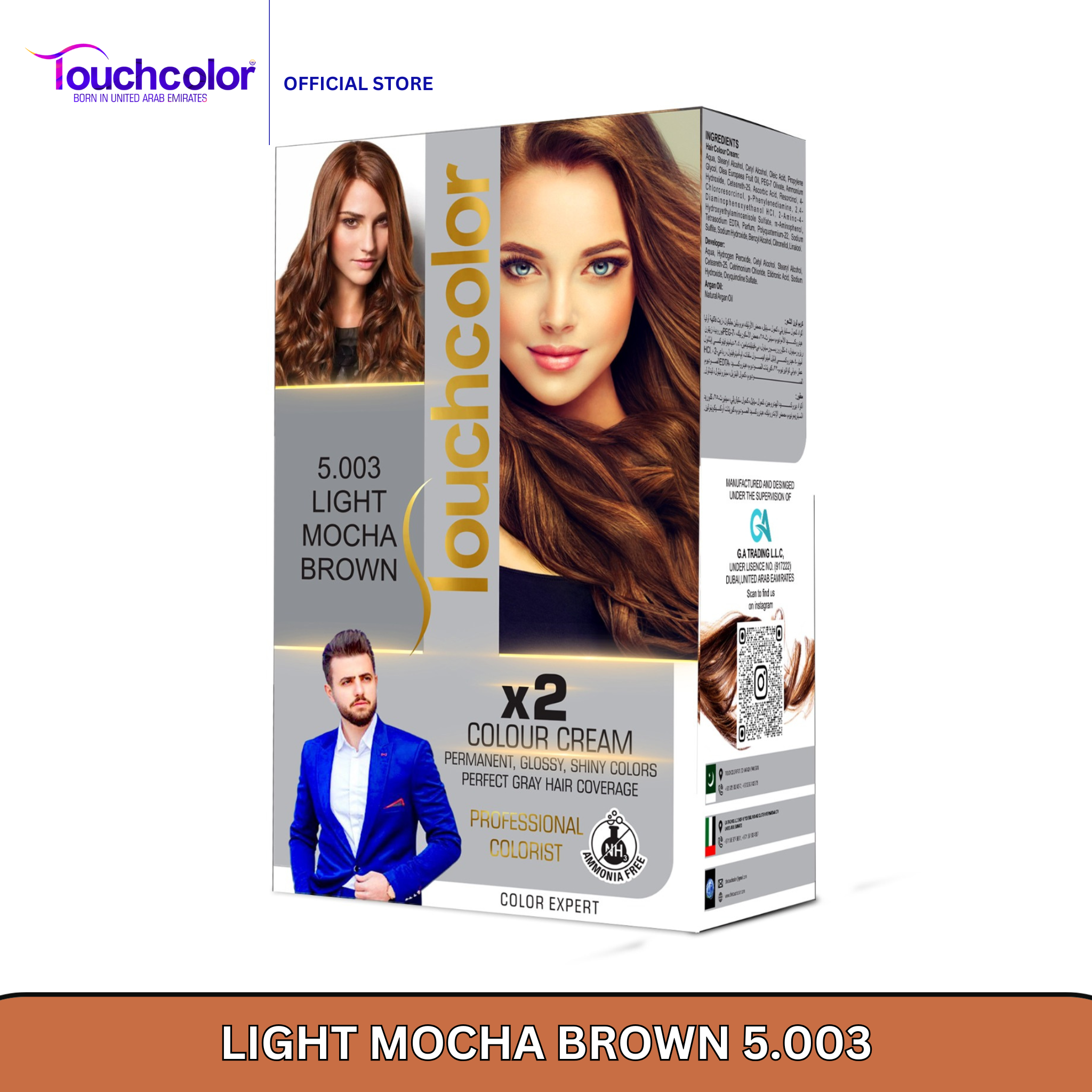 Touchcolor 5.003 Light Mocha Brown Hair Color Kit – Ammonia-Free, 100% Grey Coverage, Long-Lasting