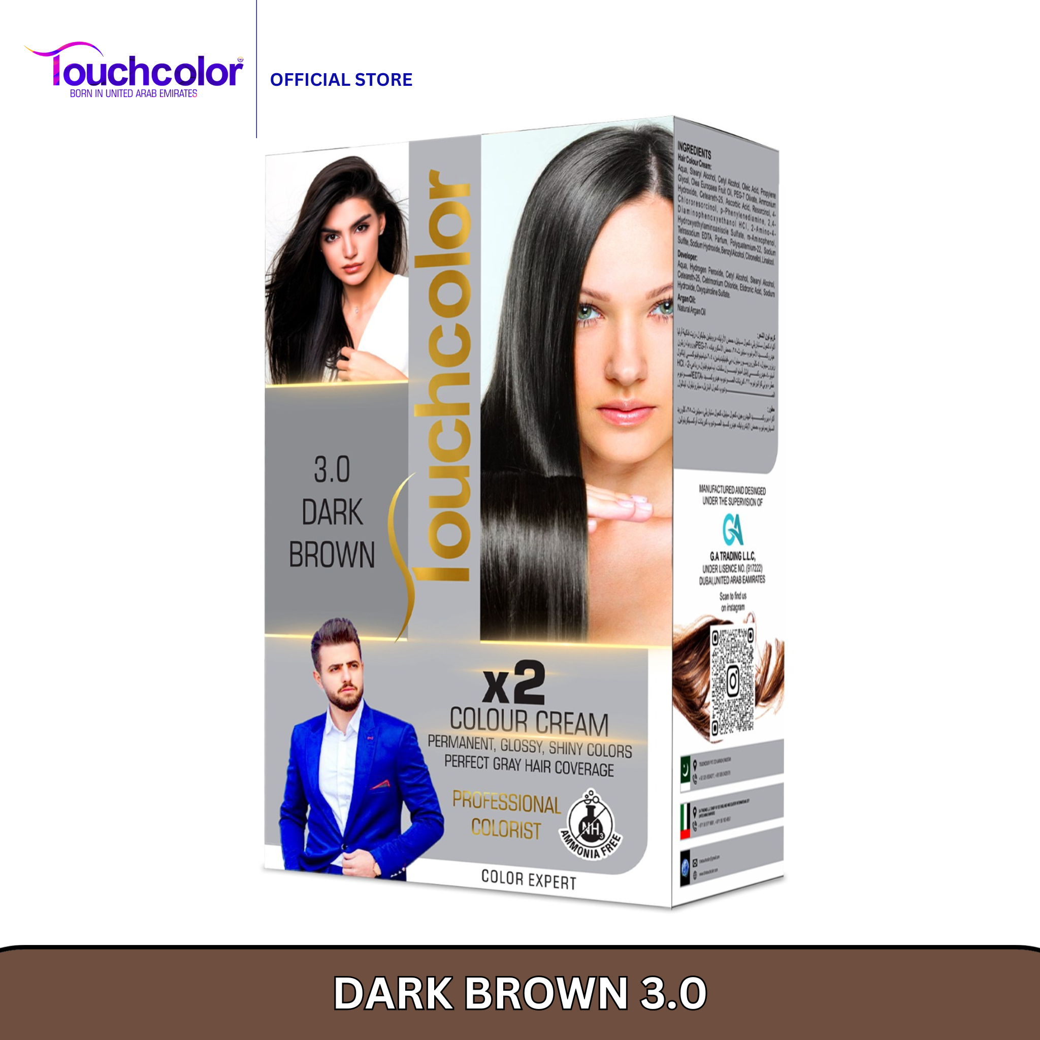 Touchcolor 3.0 Dark Brown Hair Color Kit – Ammonia-Free, 100% Grey Coverage, Long-Lasting